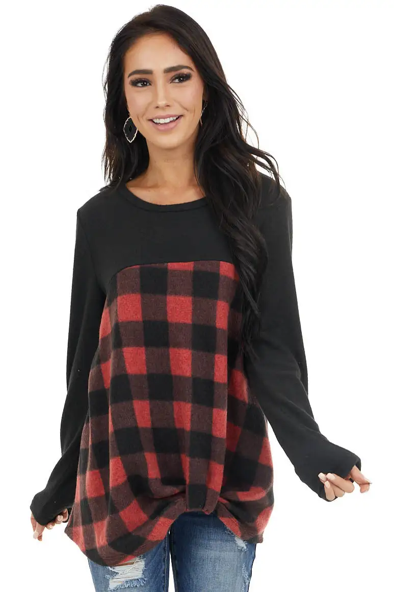 Black and Crimson Buffalo Plaid Top with Twisted Detail