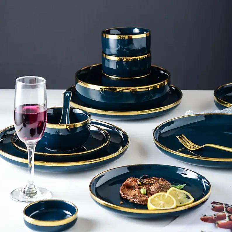 Blue and Golden Côte d'Azur Porcelain Dinnerware Set