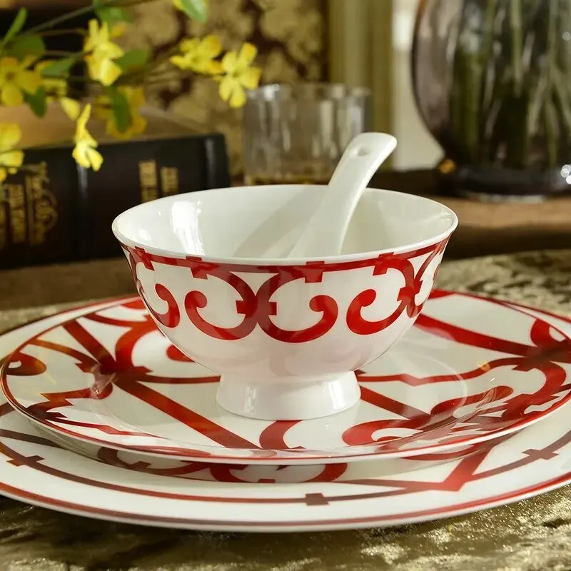 58pcs red window grilles porcelain plates and dishs bowl spoon dinner tableware set
