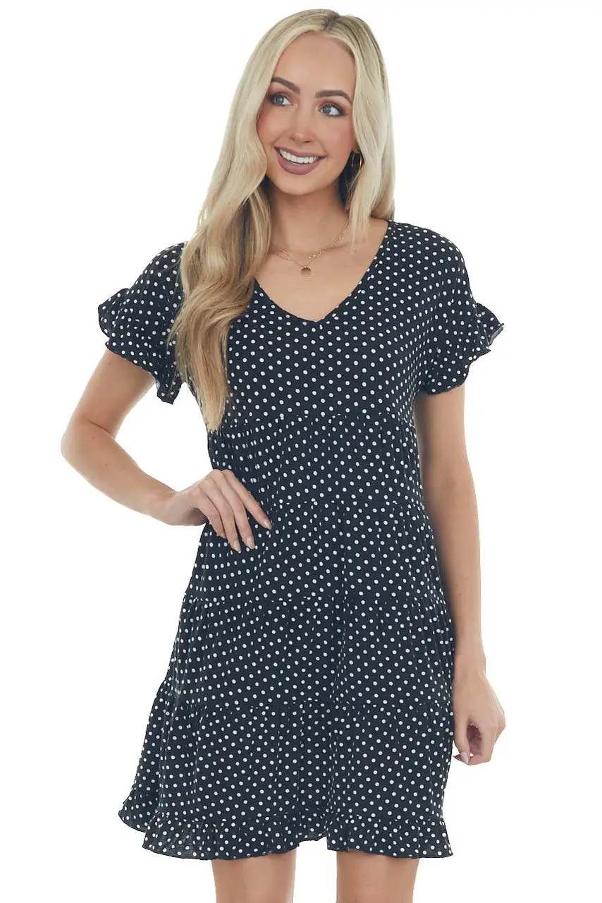Black and Off White Polka Dot Tiered Dress
