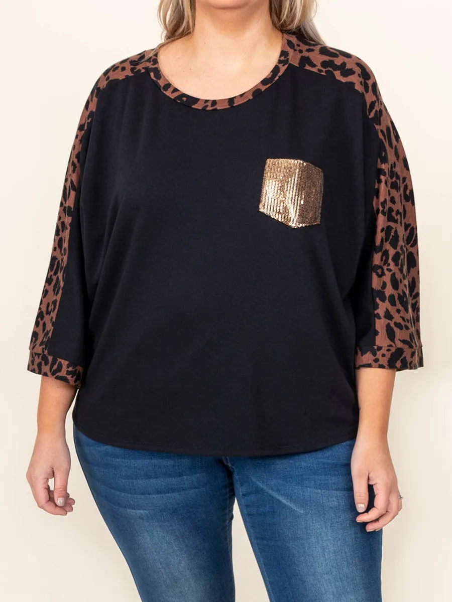 Spliced leopard patch pocket sequin T-shirt