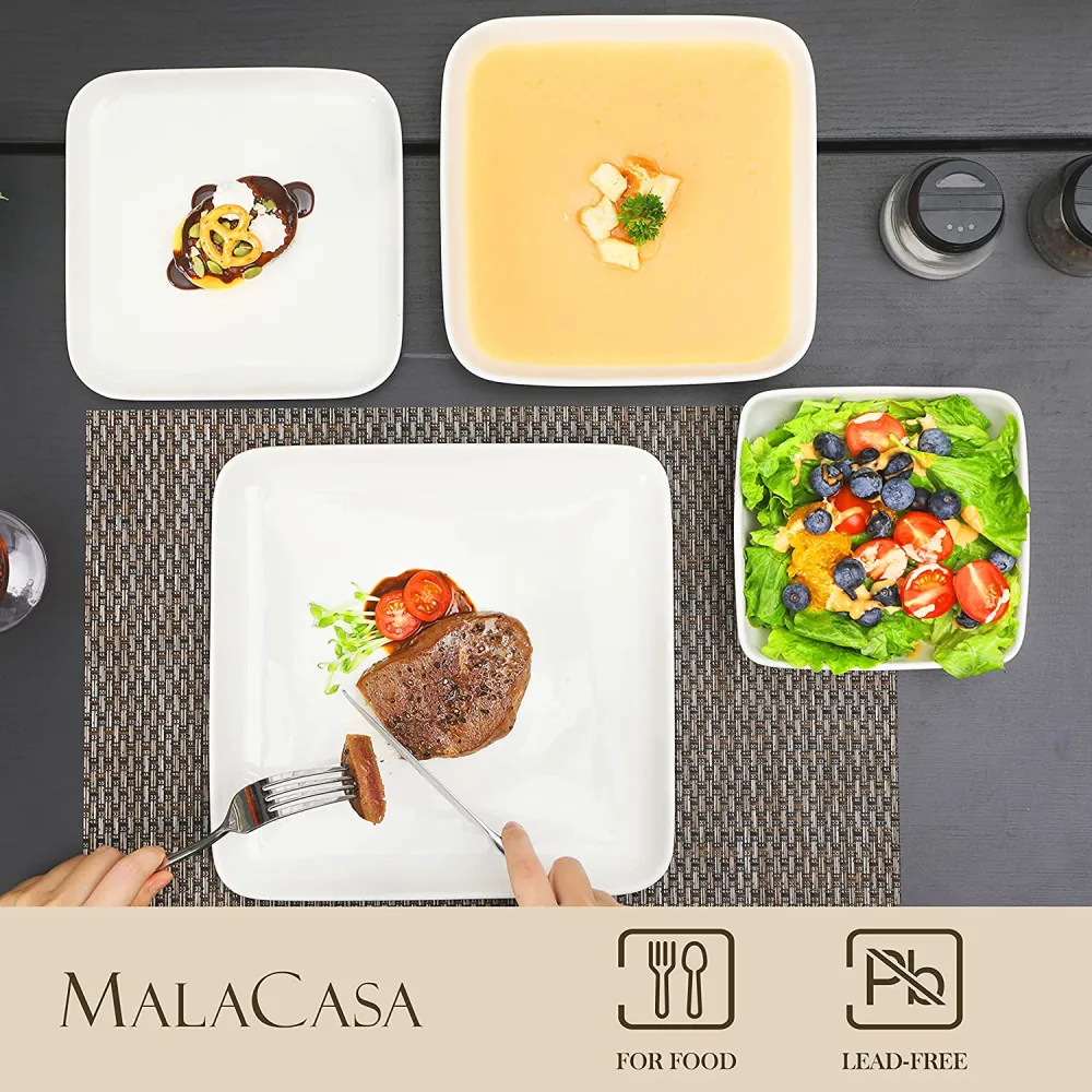 MALACASA Dishes Set for 12, Marble Grey Square Dinnerware Sets, 48 Piece Porcelain Plates and Bowls Sets with Dinner Plates, Dessert Plates, Soup Plates and Cereal Bowls, Series IVY