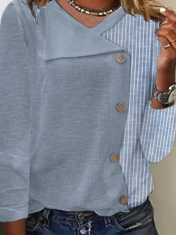 Casual Striped Shawl Collar Long Sleeve T-shirt