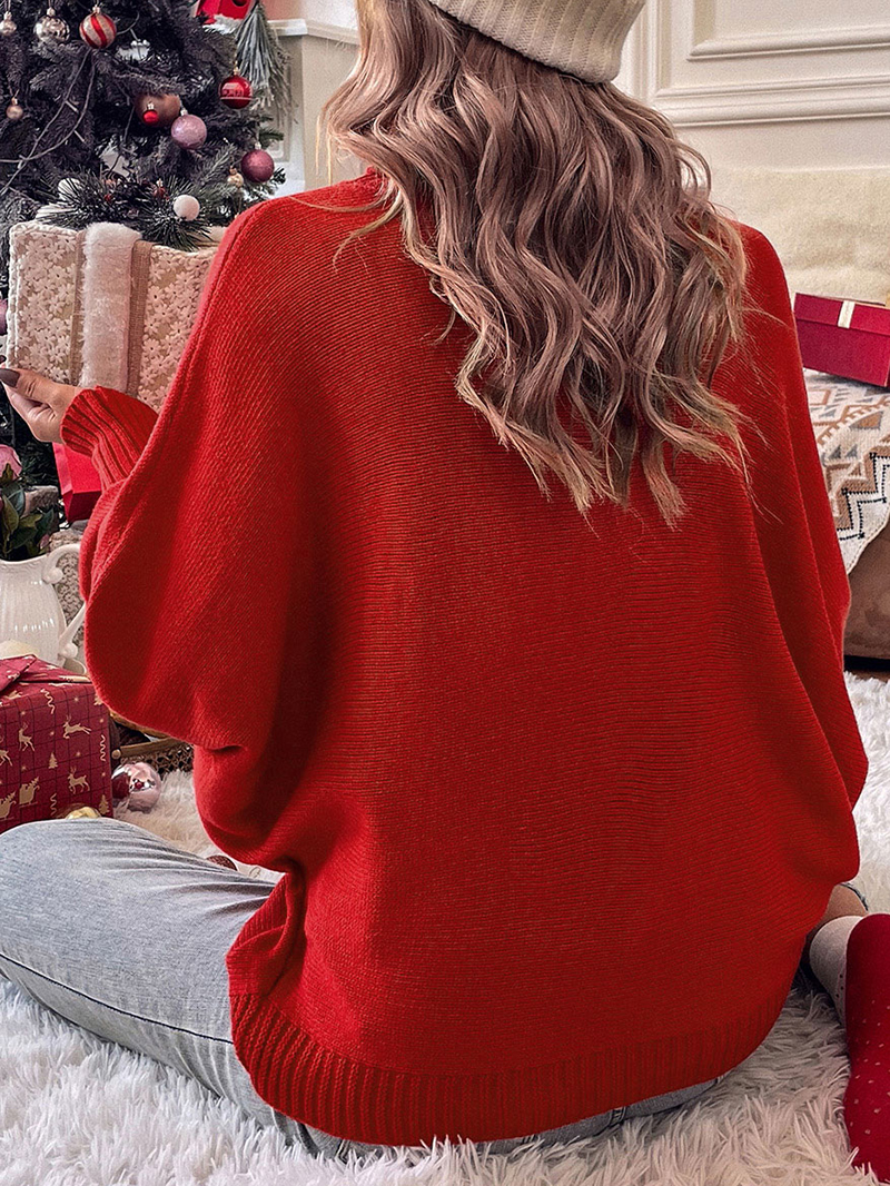 Fiery Red Merry Letter Embroidered High Neck Sweater