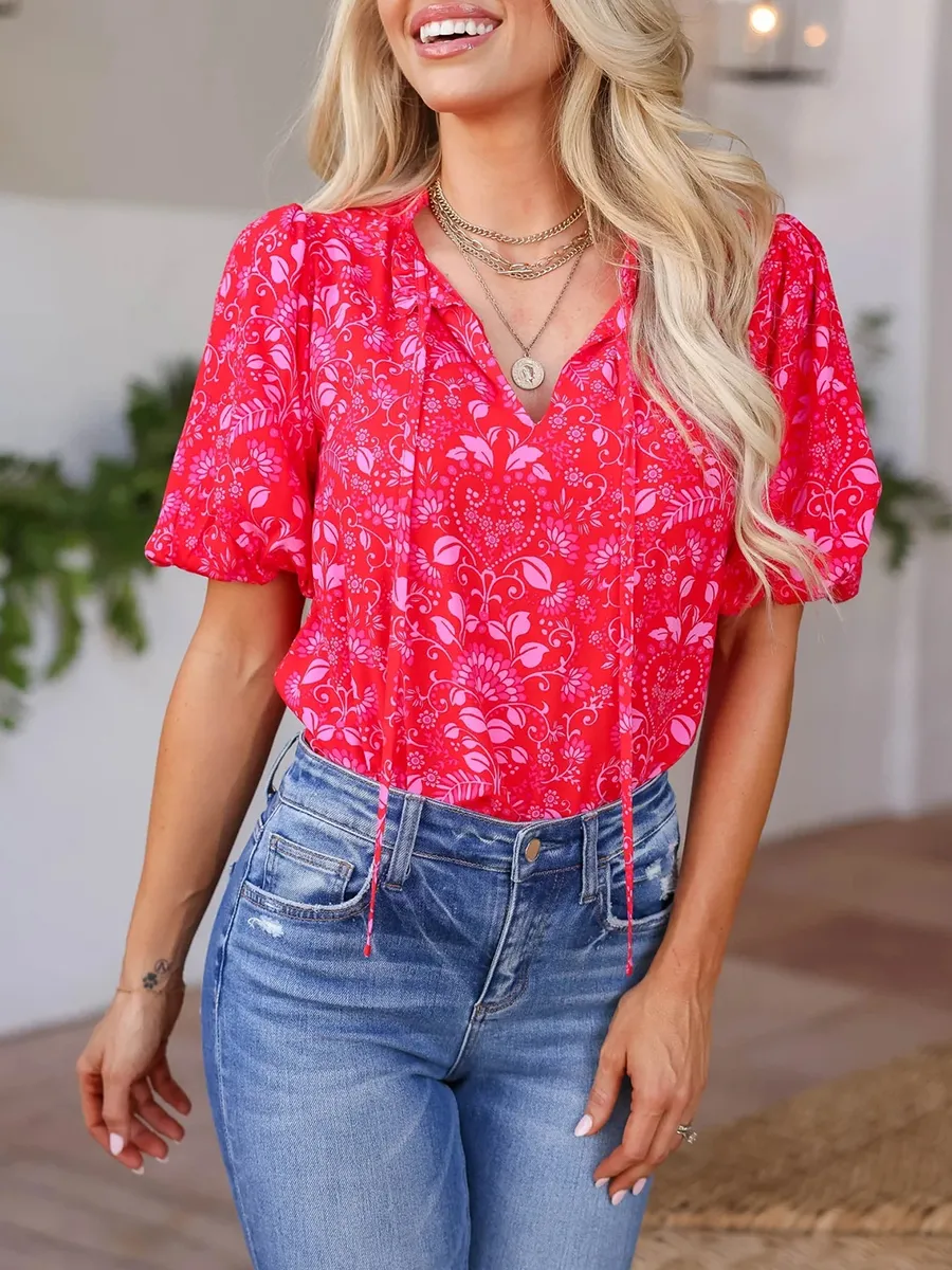 Pink Flower Bubble Sleeve Lace Up Top