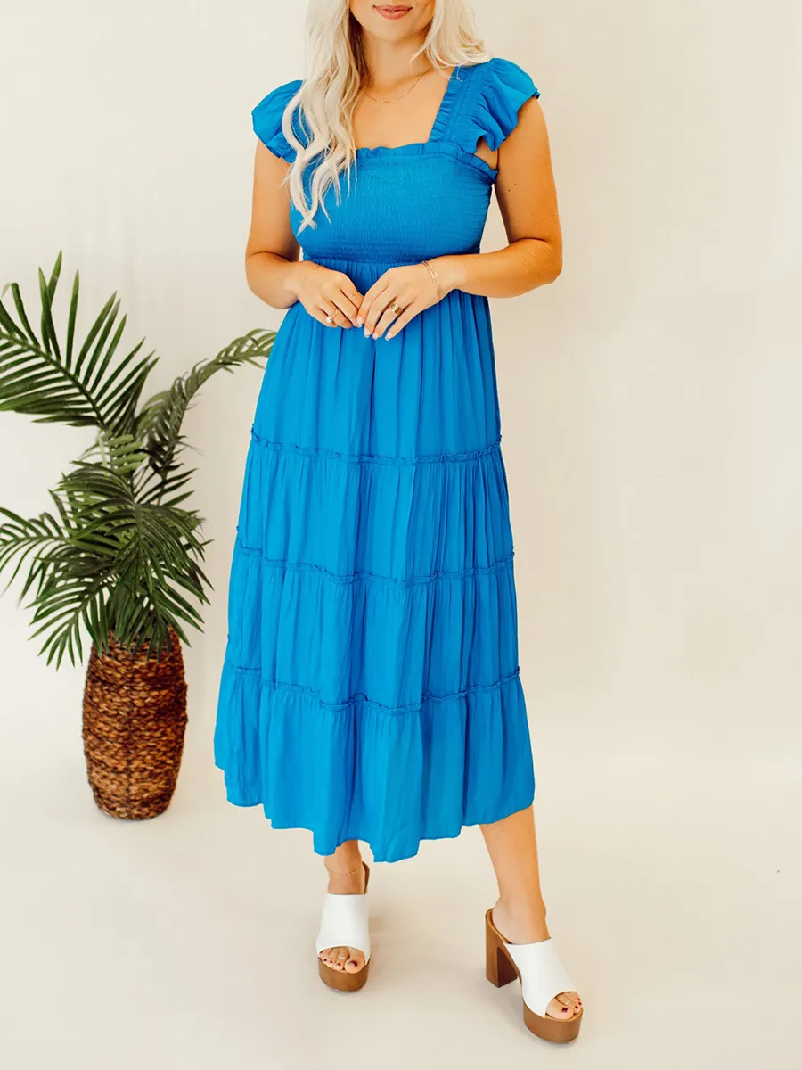 Blue pleated ruffled mid length dress