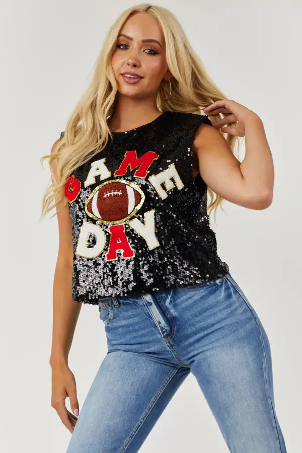 Black 'Game Day' Sequin Sleeveless Top