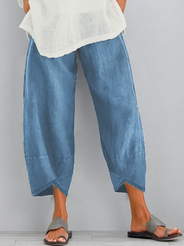Casual Baggy Plain Linen & Cotton Cropped Pant