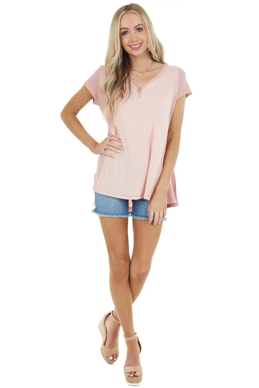 Baby Pink Short Sleeve Knit Top with Dusty Blush Contrast
