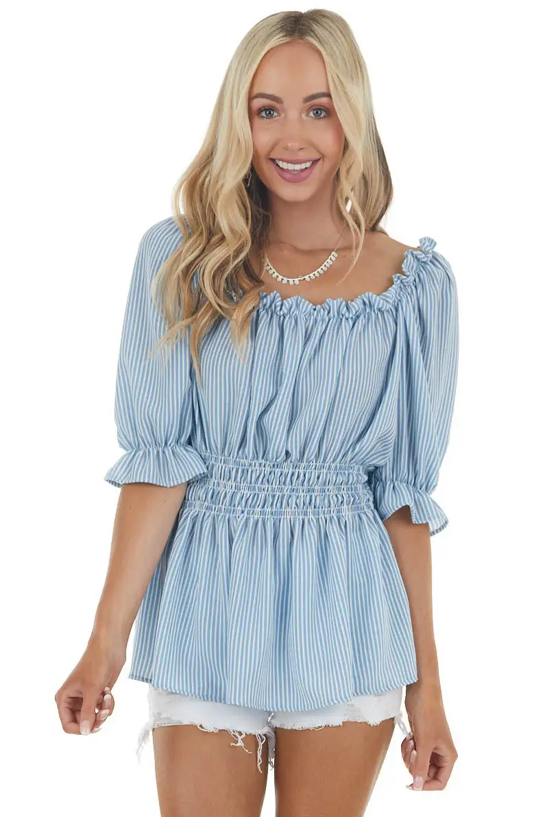 Baby Blue Striped Short Sleeve Top with Smocked Detail
