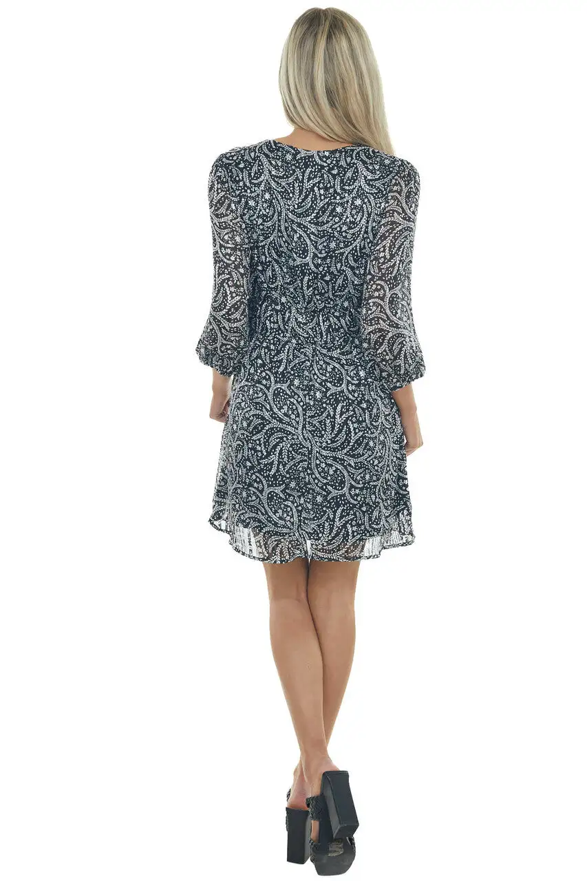Black and Ivory Floral Long Sleeve Woven Dress