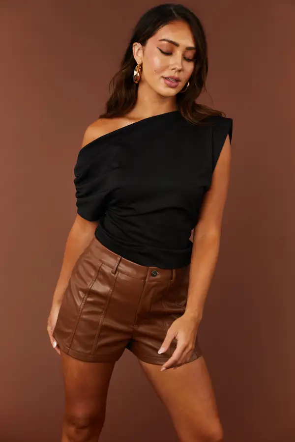 Black Asymmetrical Ruched Sleeve Knit Top