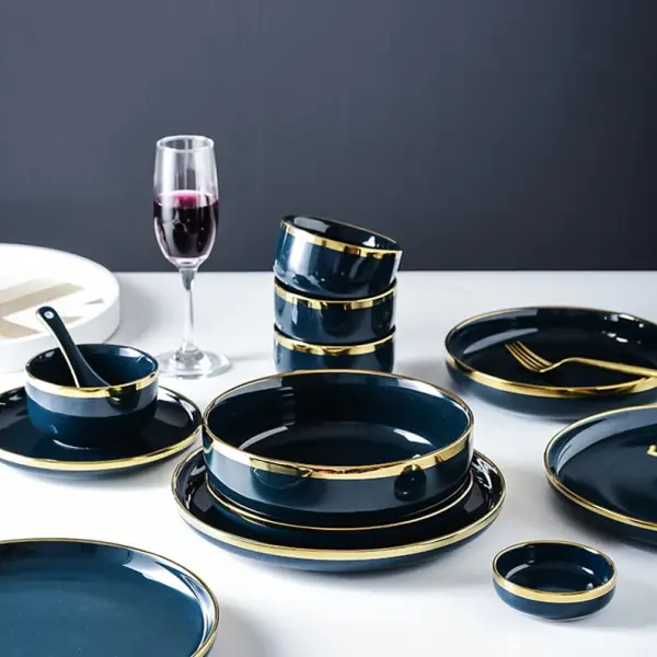 Blue and Golden Côte d'Azur Porcelain Dinnerware Set