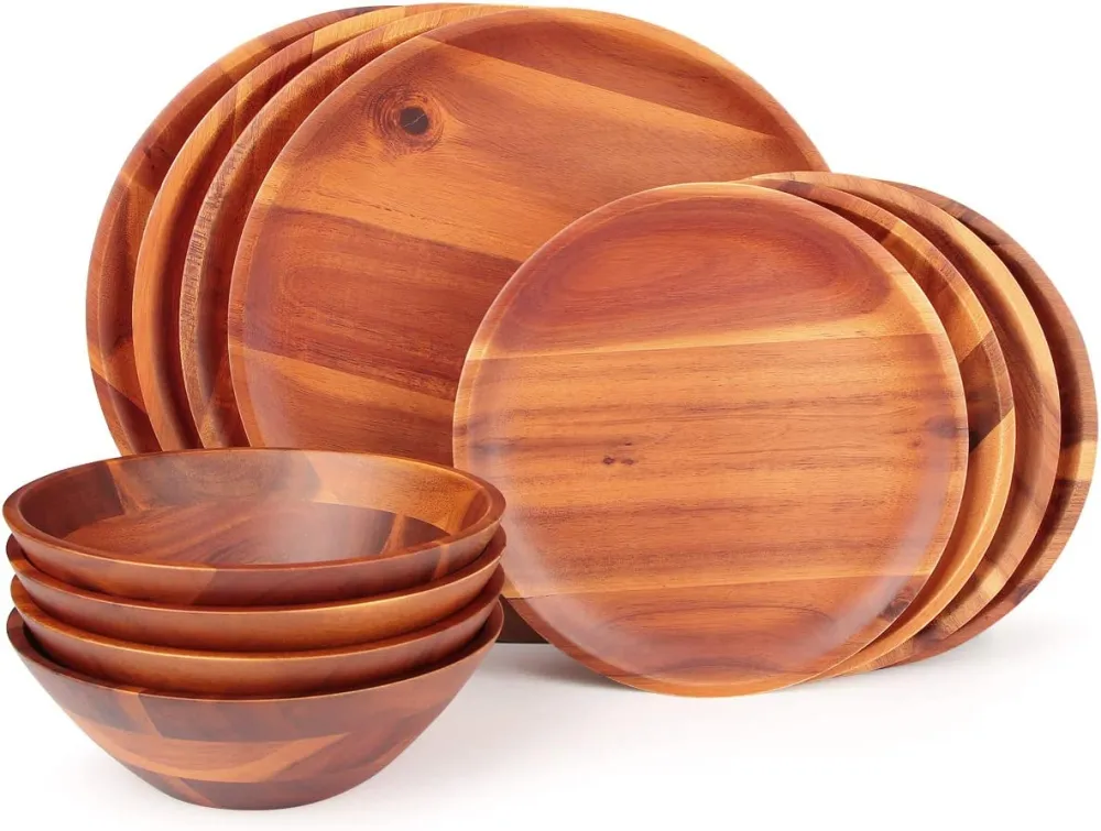 AIDEA Wood Dinnerware Set 12pcs Acacia Wood Tableware Set, Dishes Set for 4