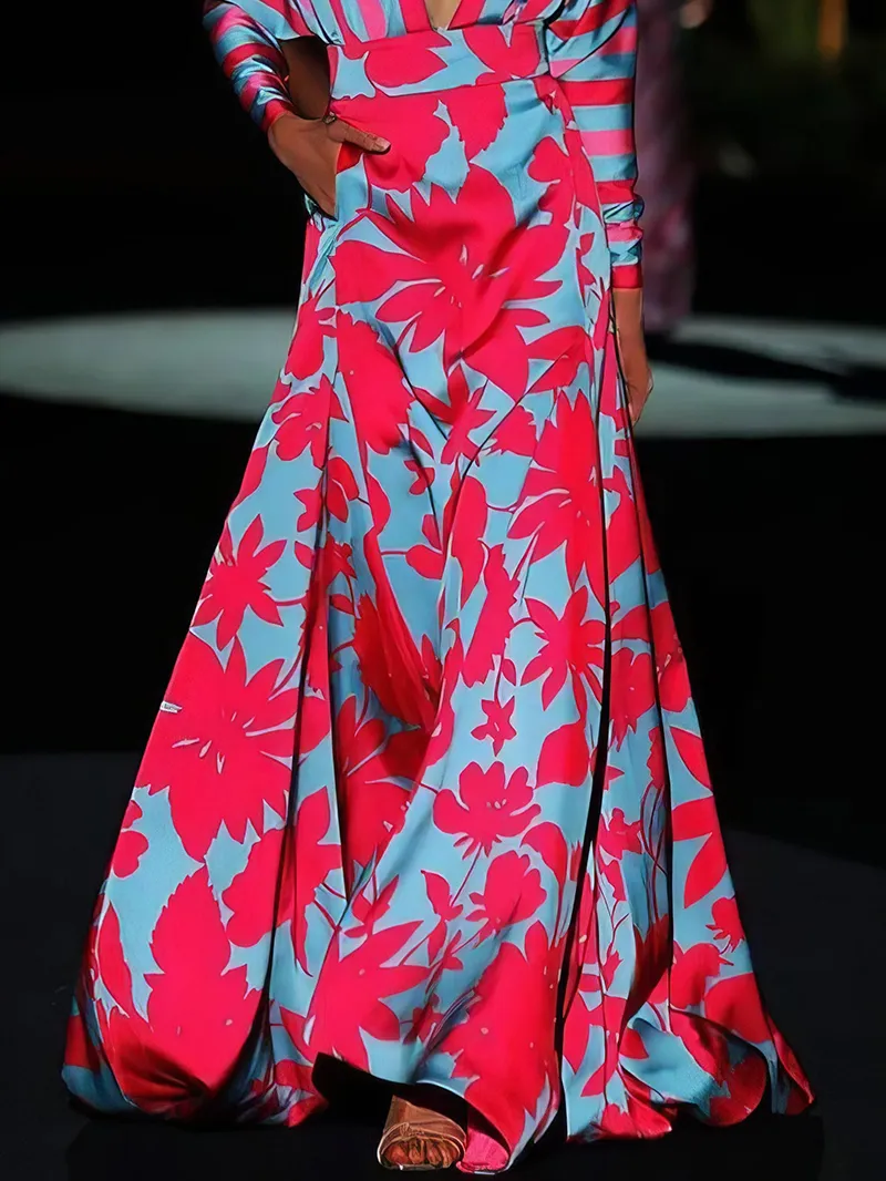 Floral Print Deep V-Neck Long Sleeve Floor Length Dress
