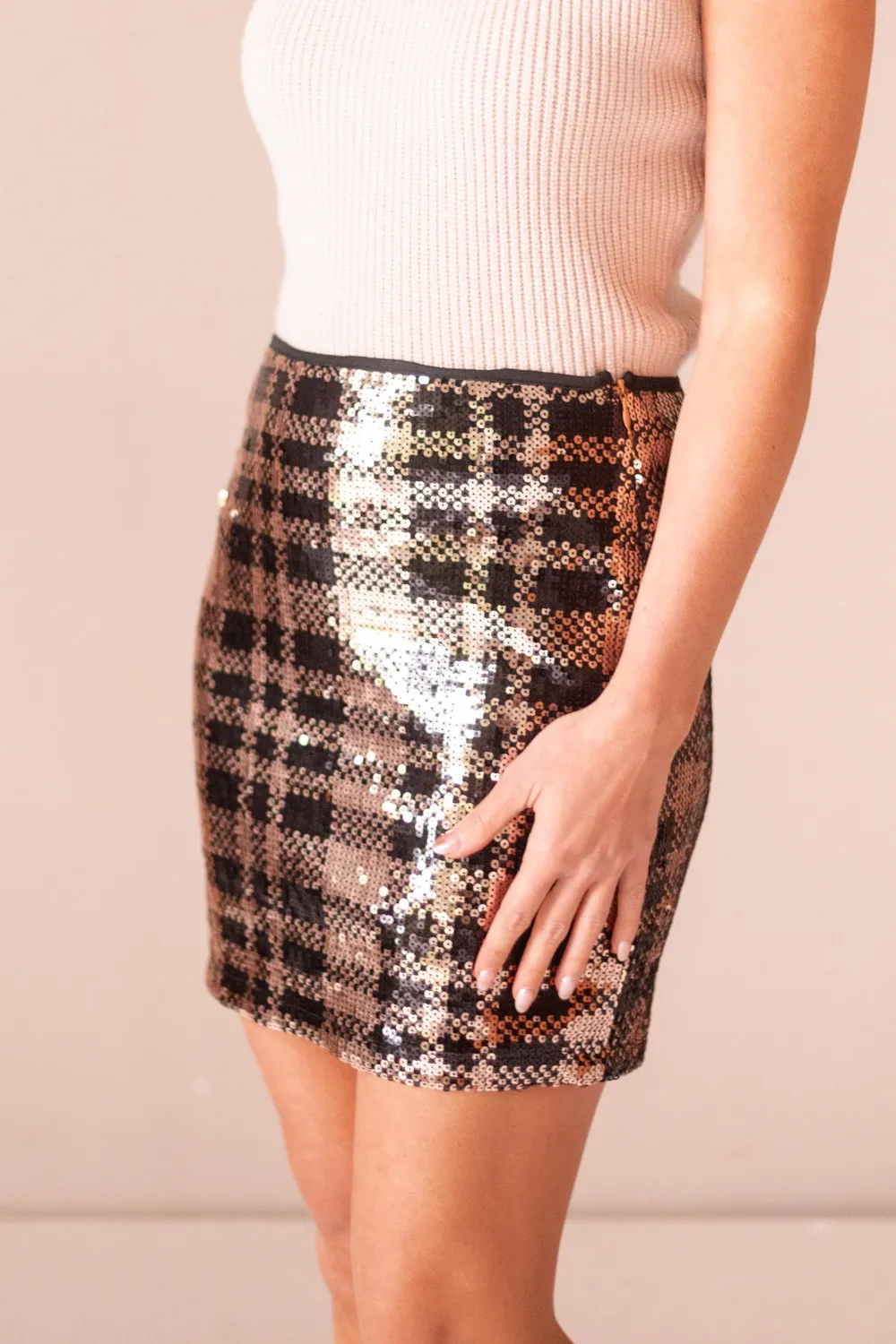 Black and Gold Sequin Plaid Mini Skirt