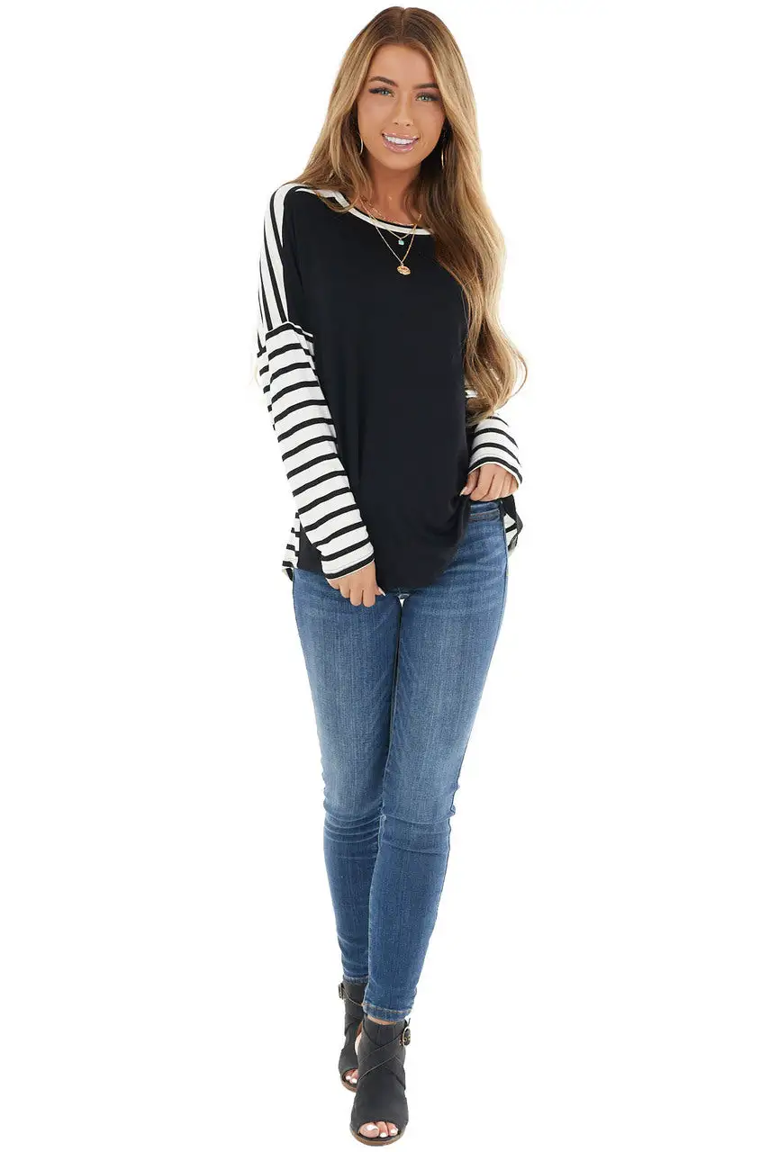 Black and Ivory Striped Long Sleeve Top with Solid Front