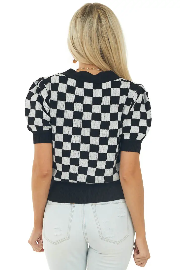 Black Checkered Puff Sleeve Cardigan