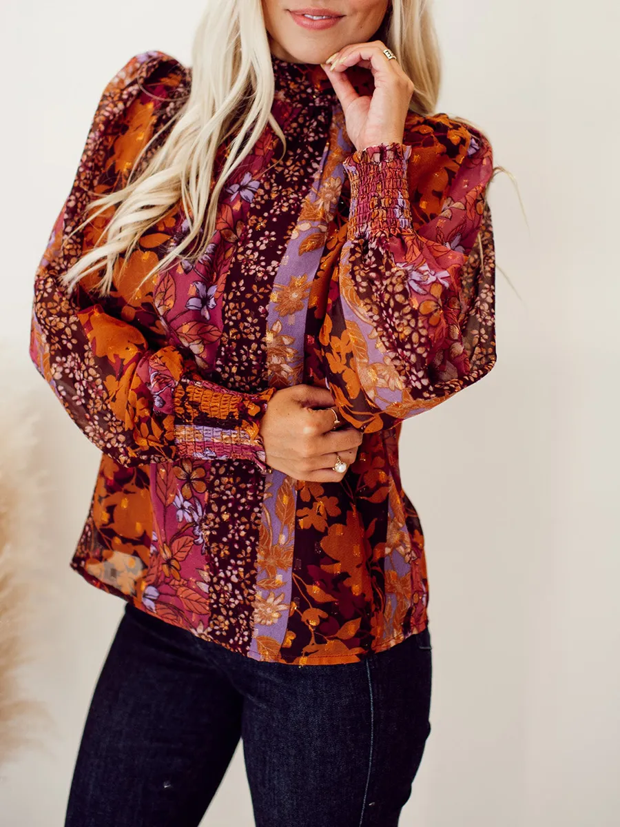 High neck autumn floral pattern shirt