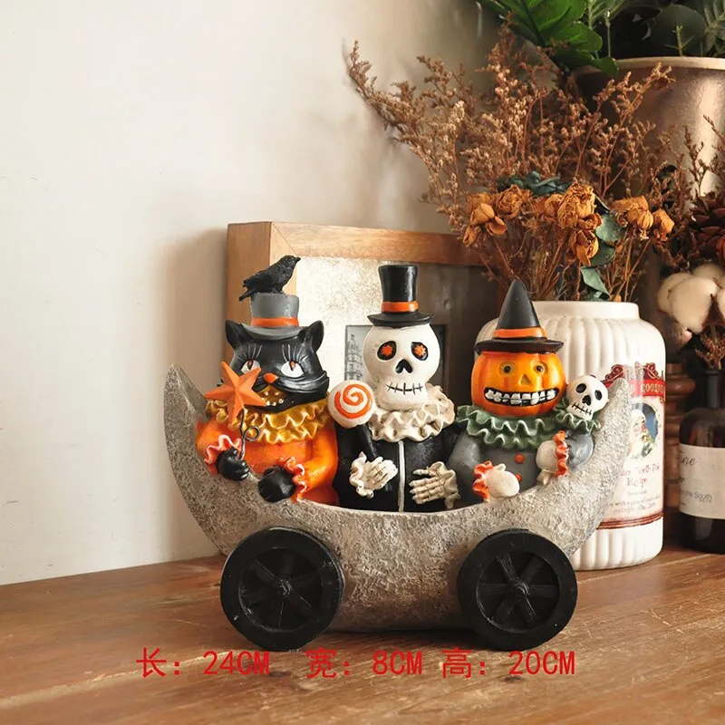 Vintage Ghost Skull Ornament Hand-painted Black Cat Witch Desktop Sculpture Fun Halloween Decoration Ceramic Craft Birthday Gift