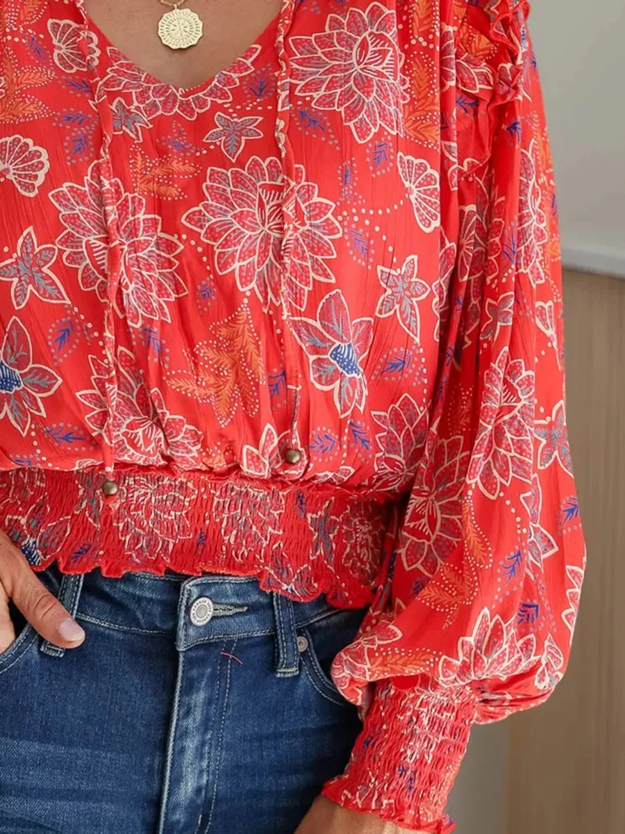Red floral pattern bubble sleeve pleated top