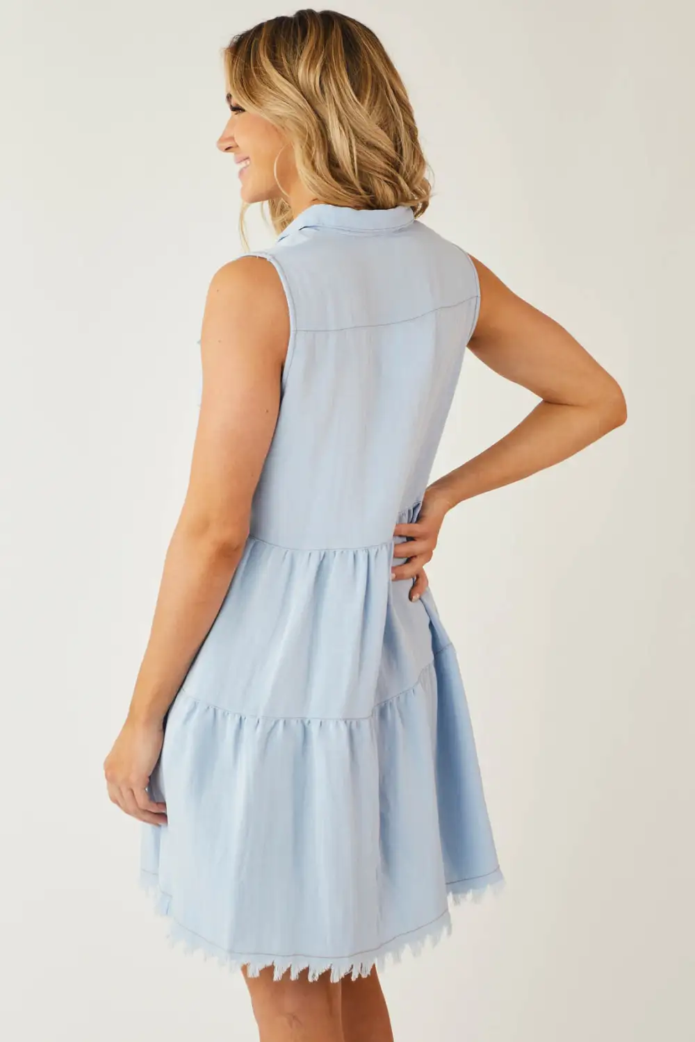 Baby Blue Washed Button Down Frayed Hem Dress