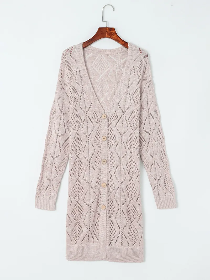 Khaki Hollow-out Openwork Knit Cardigan