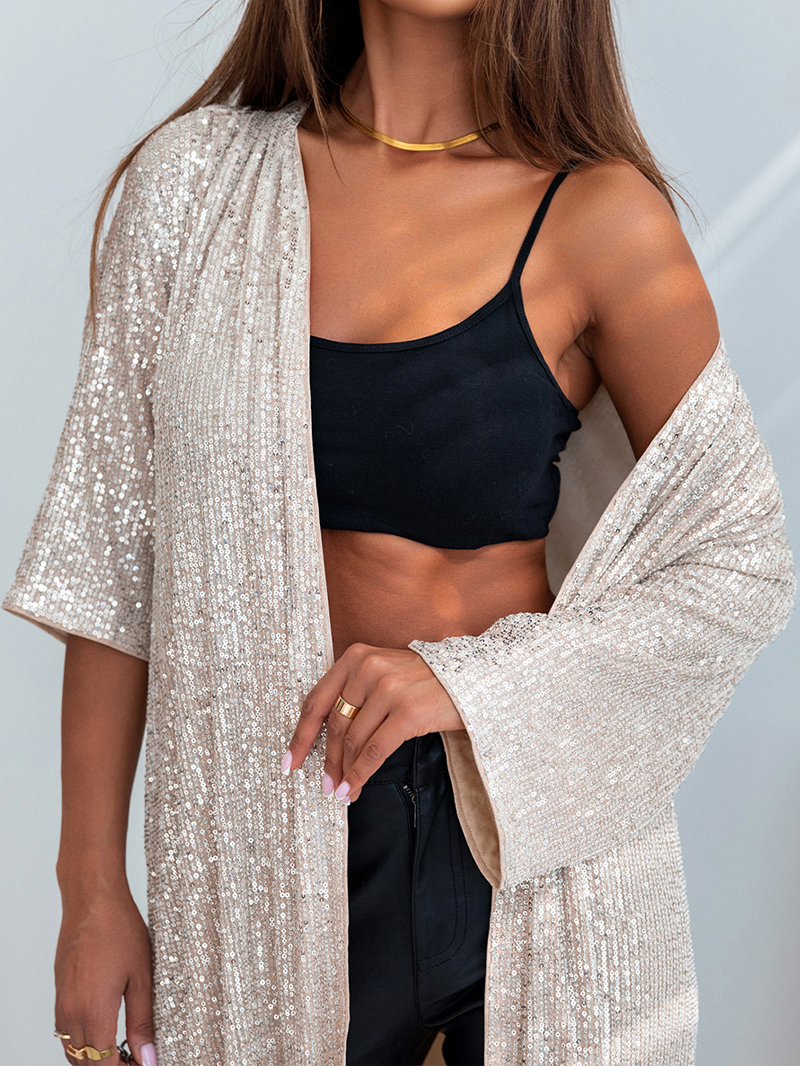 Sequin 3/4 Sleeve Open Front Duster Kimono