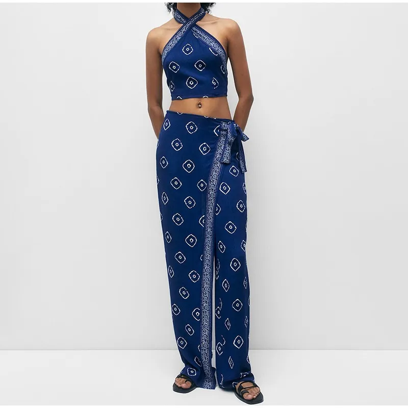 Fashion sexy suspenders trousers printed casual two-piece set