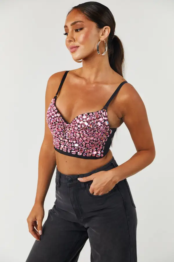 Baby Pink Iridescent Rhinestone Cropped Bustier Top
