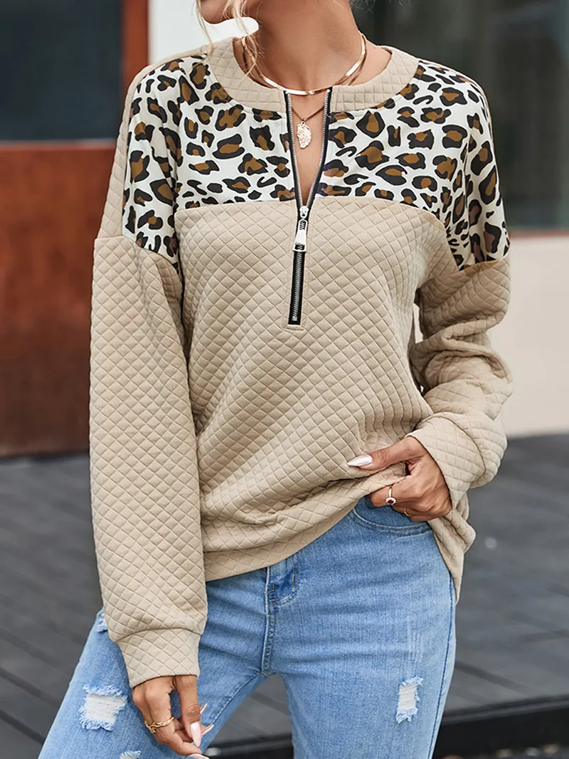 Leopard Splicing Drop Shoulder Zipped Sweatshirt