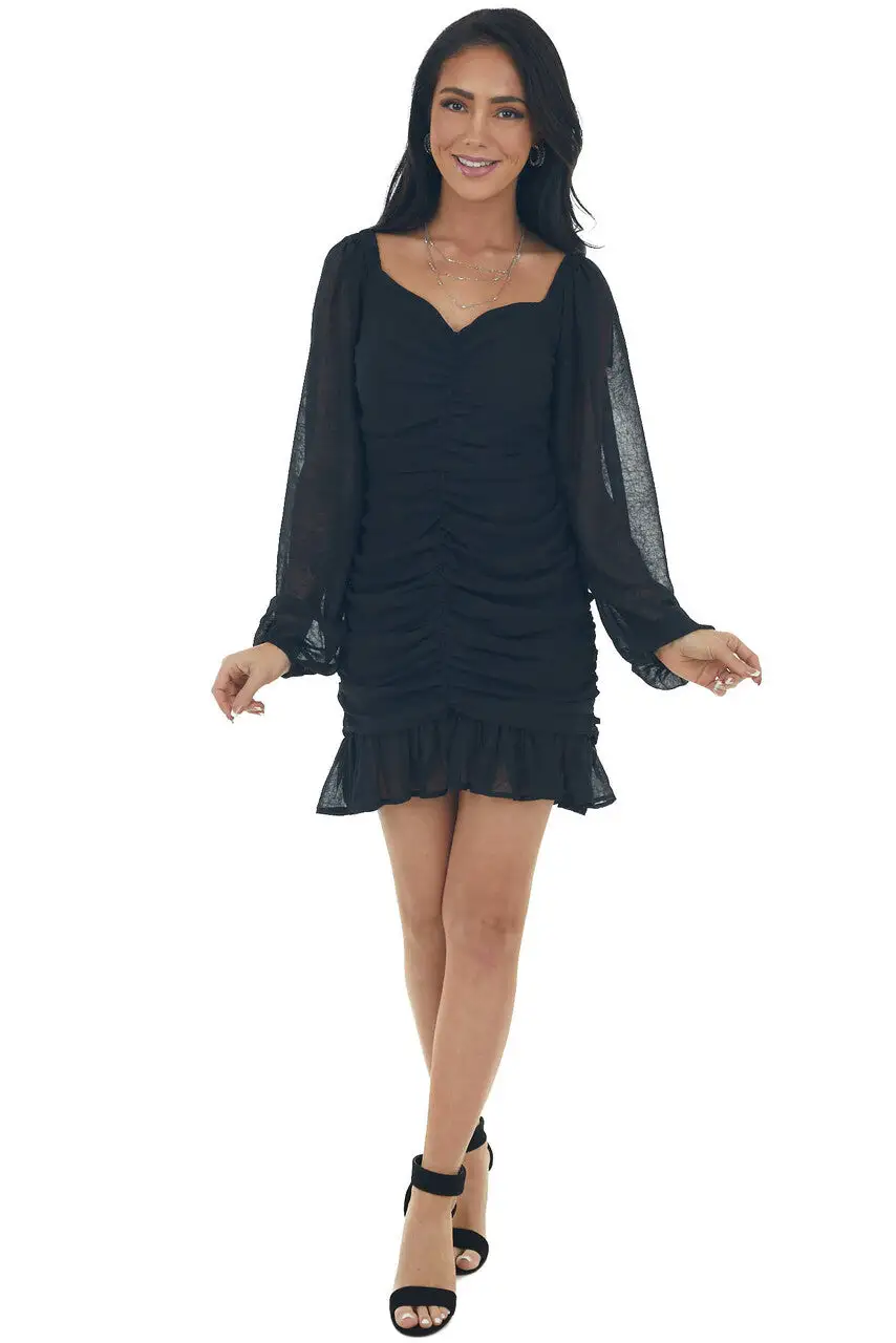 Black Bubble Sleeve Ruched Mini Dress