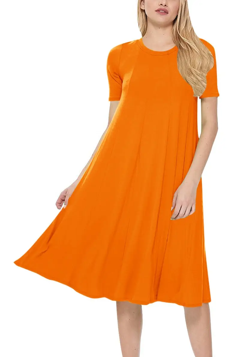 Women's Solid A-Line Short Sleeve Loose Fit Midi Dress