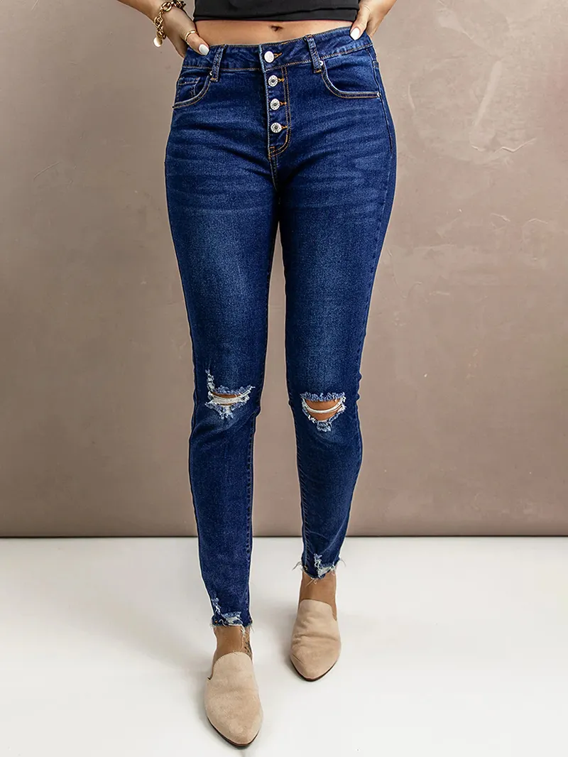 Women's ripped slim fit button jeans