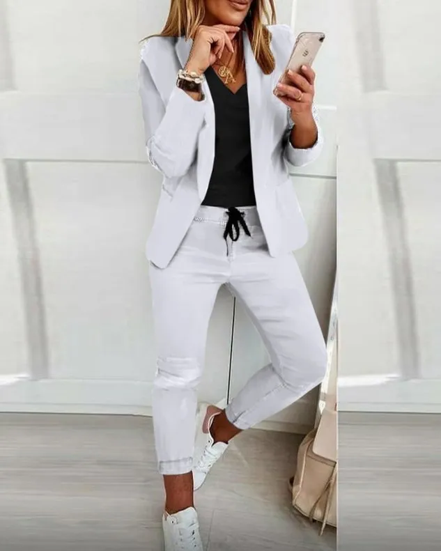 Women Plain Shawl Collar Long Sleeve Comfy Casual Coat With Pants Two-Piece Set