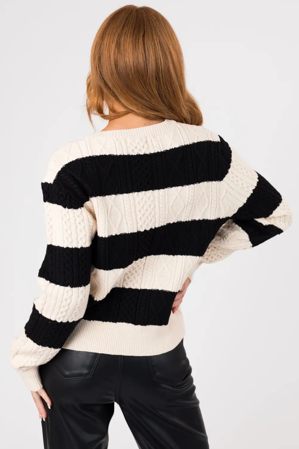 Black and Cream Striped Cable Knit Sweater