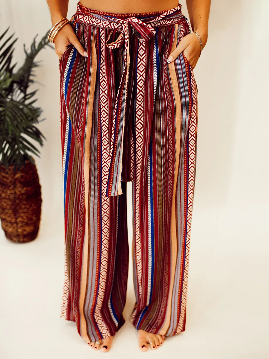 Ethnic pattern stripe pattern with waistband wide leg pants