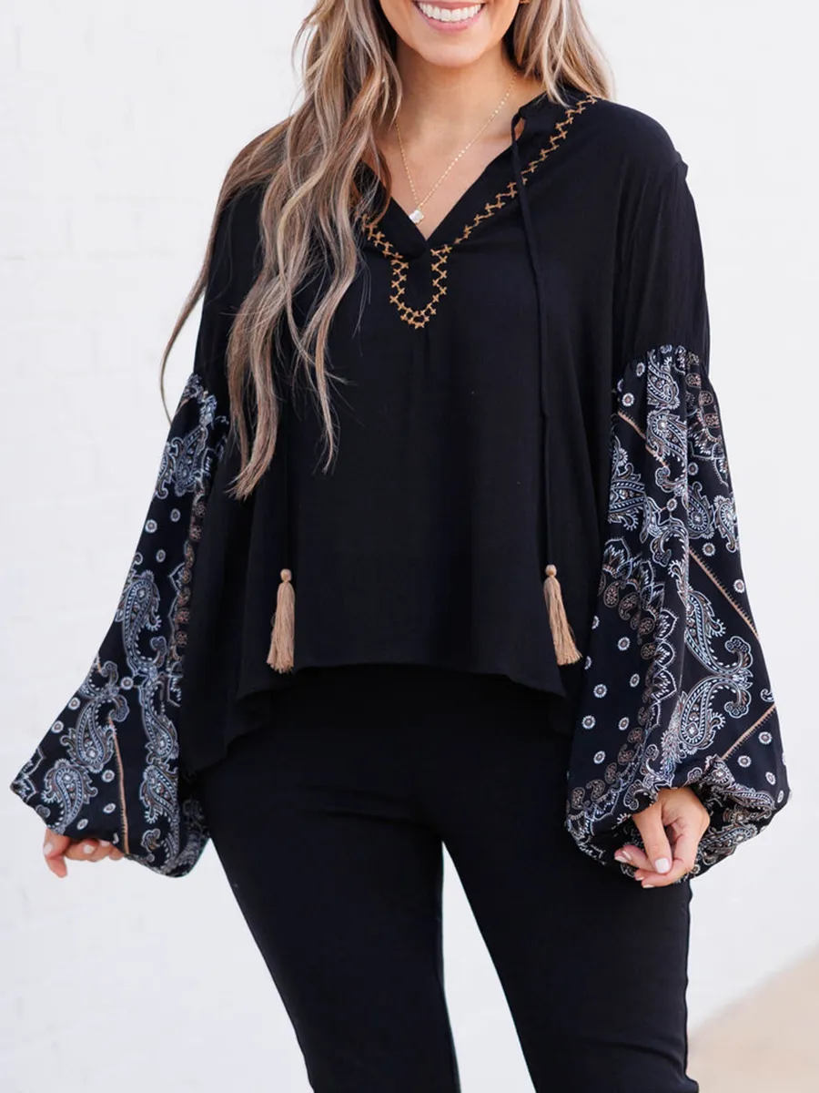 Embroidered lace up lantern sleeve shirt with patchwork cashew pattern