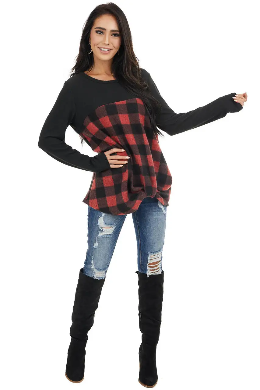 Black and Crimson Buffalo Plaid Top with Twisted Detail
