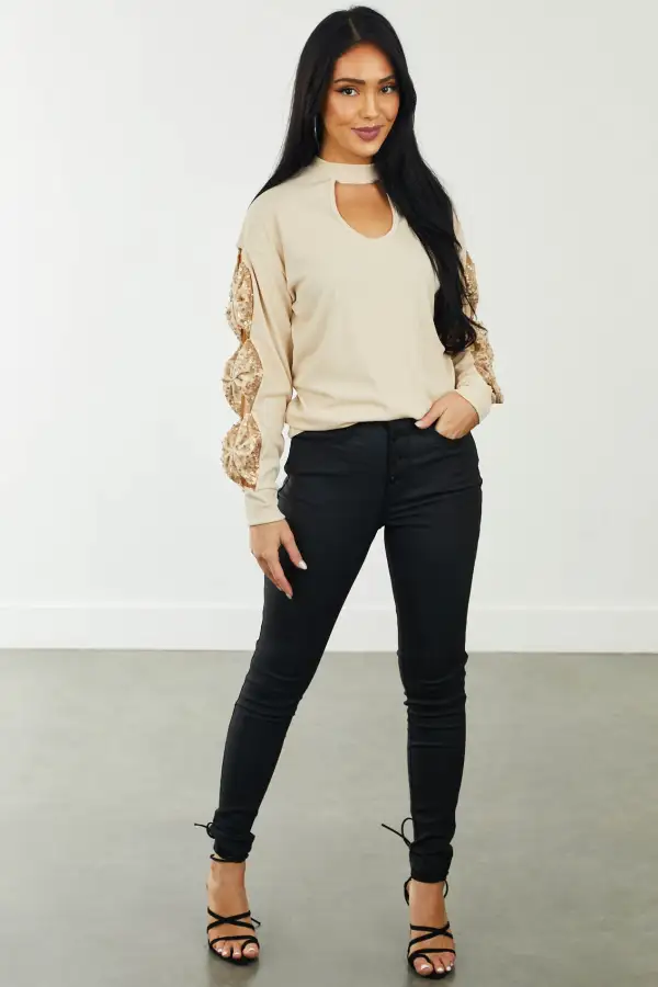 Beige Chest Cut Out Bow Sleeve Ribbed Top