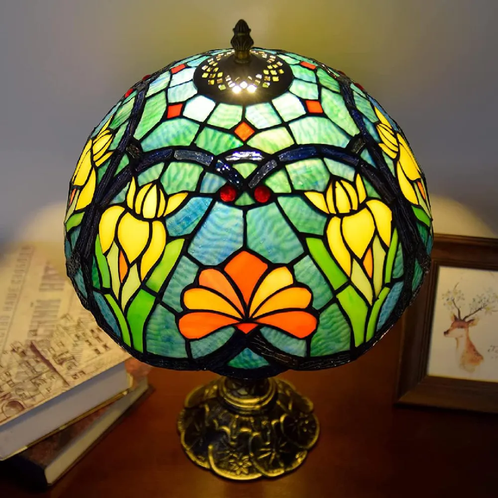 Tiffany Style Lamp Stained Glass Bedside Table Lamp Yellow Green Petal Reading Desk Light 18