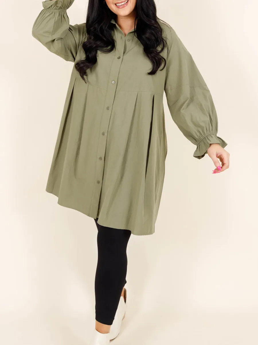 Green pleated button loose fitting shirt