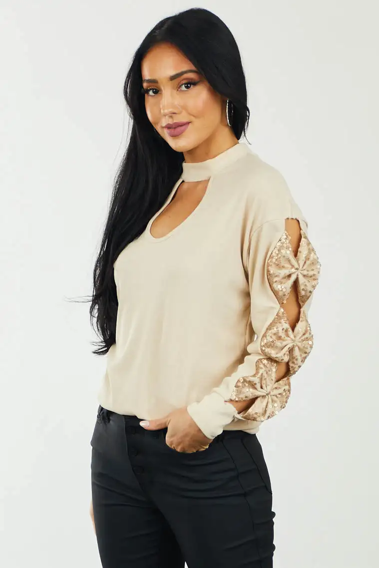 Beige Chest Cut Out Bow Sleeve Ribbed Top