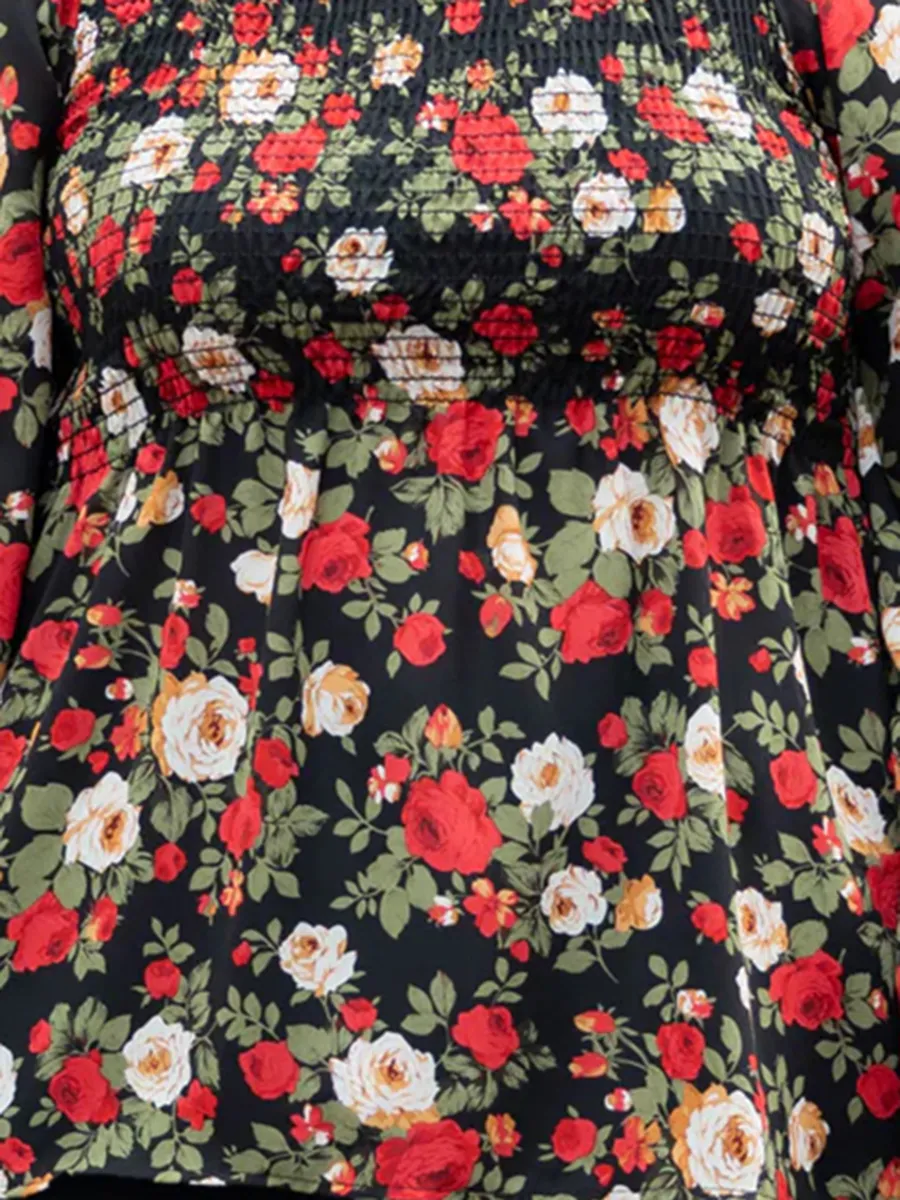 Flower pattern pleated square neck lantern sleeve shirt