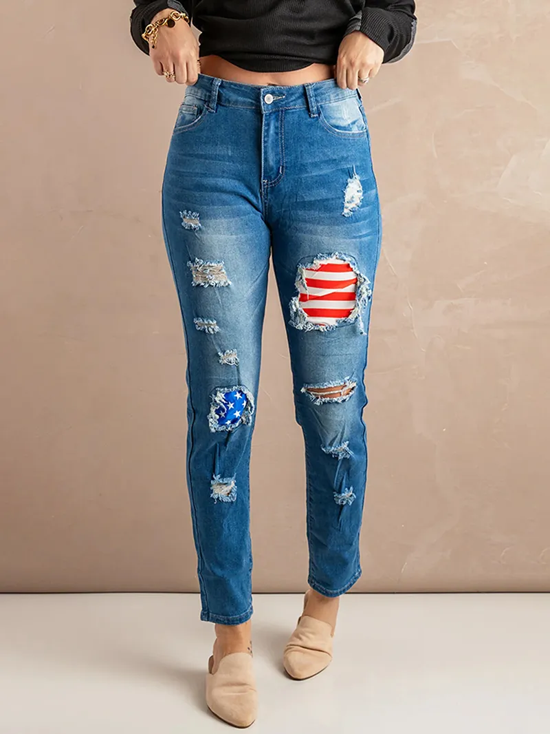 Casual flag print patchwork jeans