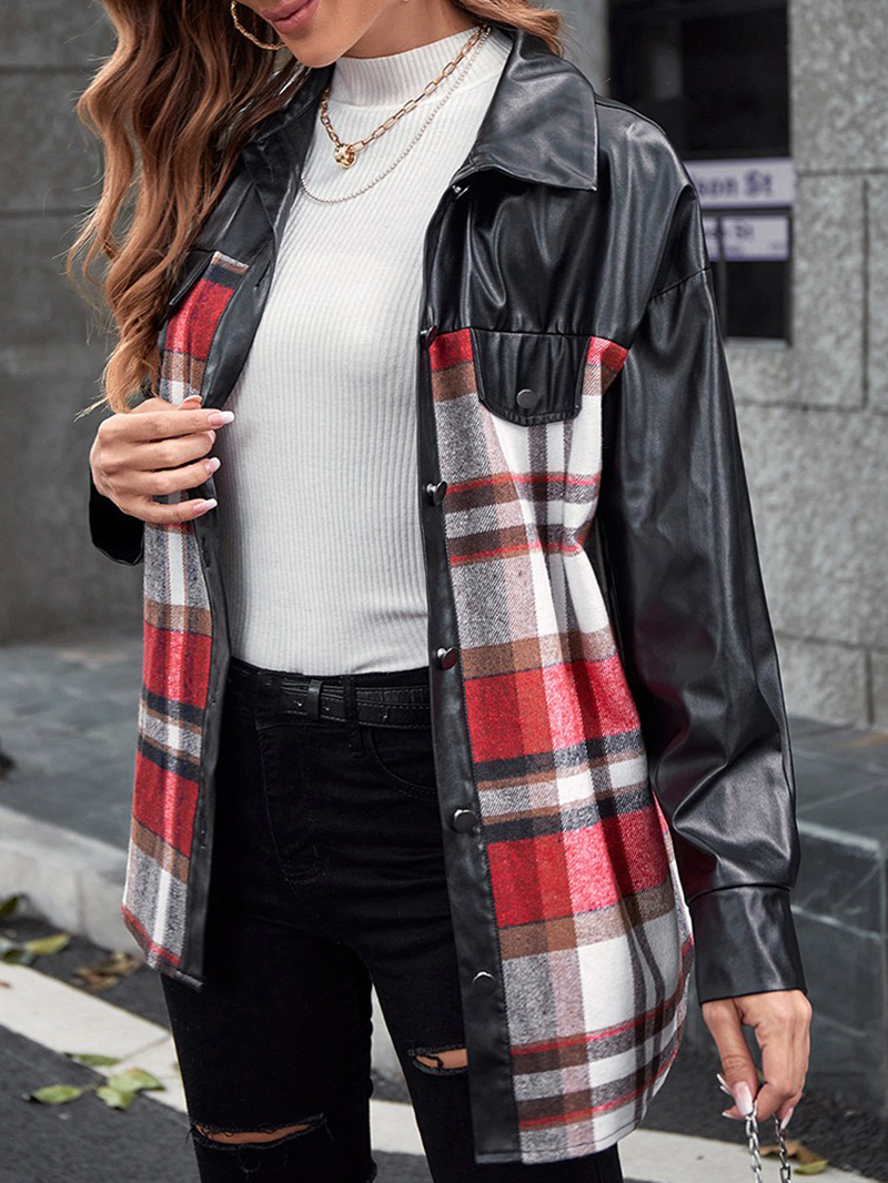 Casual plaid patchwork leather jacket