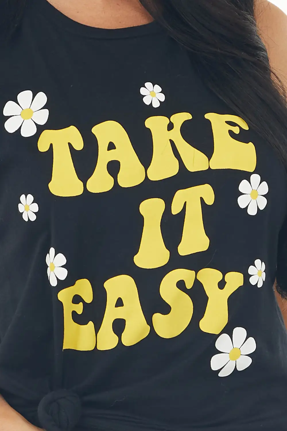Black 'Take It Easy' Daisy Graphic Tank Top