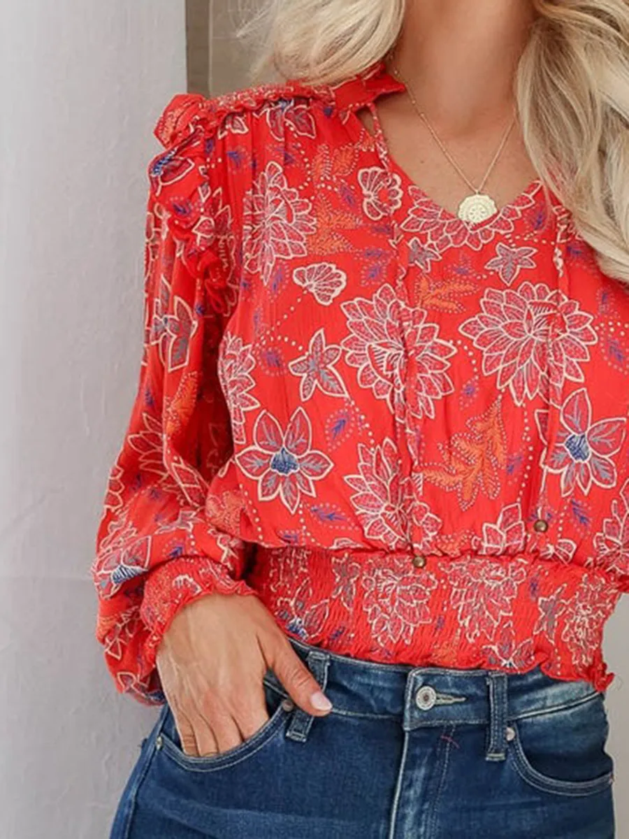 Red floral pattern bubble sleeve pleated top