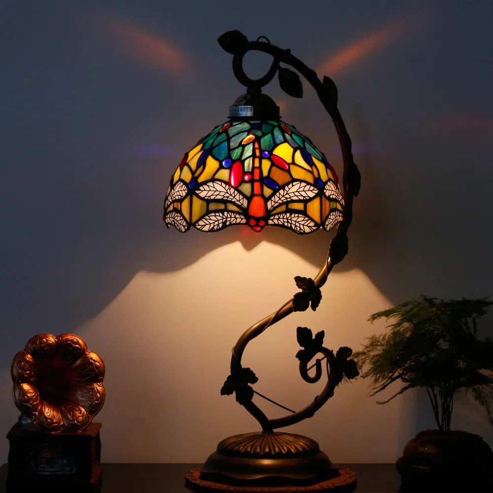 Tiffany Desk Lamp Stained Glass Table Reading Banker Light Crystal Bead Blue Yellow Dragonfly Style Shade W8H20 Inch S128 World Menagerie LAMPS Parent Lover Kid Living Room Bedroom Coffee Bar Crafts Gift