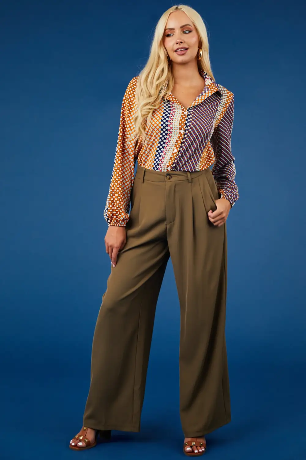 Army Green Pleated High Rise Wide Leg Woven Pants